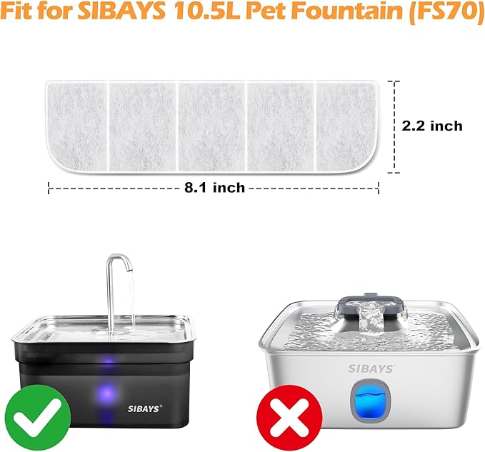 SIBAYS 8 Pack Dog Water Fountain Filters Replacement for SIBAYS 355oz/2.8Gal/10.5L Large Dog Water Fountain(FS70), Made of Activated Carbon and PP Cotton, Food Grade Water Fountain Filters(Model: L07)