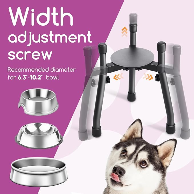 Adjustable Elevated Dog Bowl Stand, Metal Raised Feeder for Medium & Large Dogs, 3 Heights (8.8", 10.8", 12.5"), Width 6.3"–10.2", Spill-Proof Mat, Anti-Slip & Quiet, Bowl Not Included