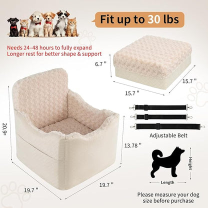 Dog Car Seat for Small Medium Dogs - 6.7inch Elevated Dog Booster Car Seats with Deluxe Rose Plush, Washable Safety Pet Carseat Travel Bed with 2 Safety Belts and Storage Pockets(Beige)
