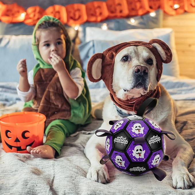 Halloween Dog Toy Halloween Dog Soccer Ball with Straps Dog Interactive Ball Toy Dog Halloween Tug of War Toy Dog Soccer Ball for Small Medium Large Size Dogs (8 inches) M
