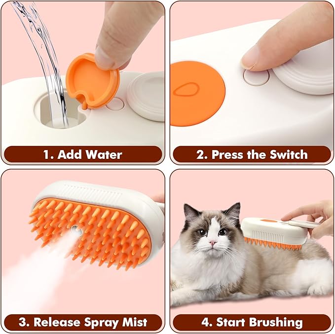 4 in 1 Rechargeable Pet Steam Brush, Portable Grooming Tool for Dogs and Cats, Removes Tangles & Loose Fur, Suitable for Short & Long-haired Pets