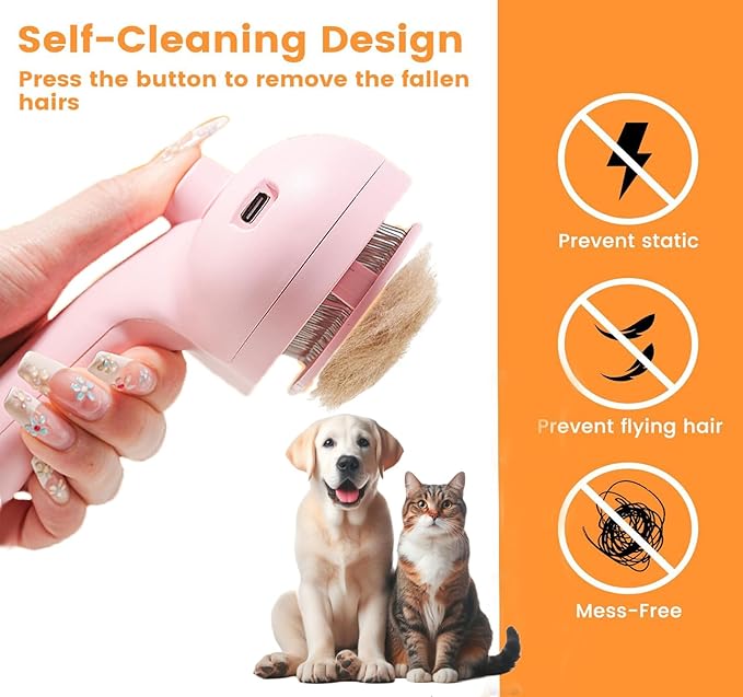 Cat Steam Brush for Shedding with Metal Comb,Deshedding Dog Brush for Long & Short Haired Dogs,Cat Hair Brush for Indoor Cats,Self Cleaning Double Hole Spray USB Rechargeable Grooming Supplies(Pink)