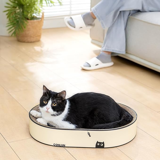 Large Oval Cat Scratcher Bowl, Cardboard Cat Scratching Pad & Lounge Bed, High-Density Reversible Cat Nest for Large Indoor Cats, Furniture Protector with Ergonomic Curve, Gift Catnip Included