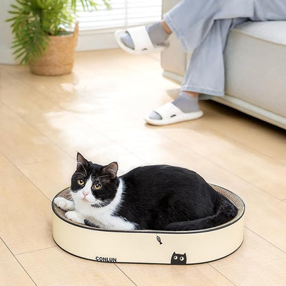Large Oval Cat Scratcher Bowl, Cardboard Cat Scratching Pad & Lounge Bed, High-Density Reversible Cat Nest for Large Indoor Cats, Furniture Protector with Ergonomic Curve, Gift Catnip Included