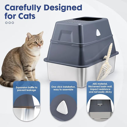 Enclosed Stainless Steel Cat Litter Box with Lid, Top Entry Design,Dog Proof,Protection for Cat Privacy, Includes Scoop, Suitable for Kitty&Medium (Grey)