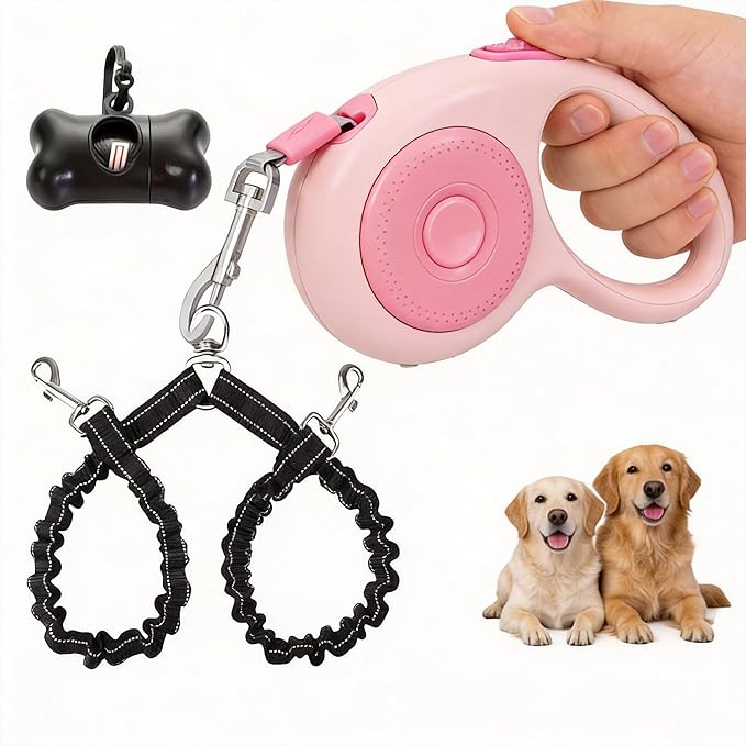 Small Breed Dual Retractable Dog Leash (Up to 44 Lbs Each) One-Button Break and Lock, Non-Slip Grip, Double-Headed, 16-Foot Extendable Pet Leash with Poop Bags, and 360° Tangle-Free (Pink, Medium)