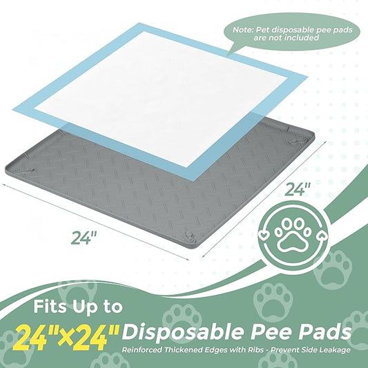 Pee Pad Holder for Dogs, 24" x 24" Non-Slip Silicone Puppy Pad Tray with 4 Magnetic Clips, Leak-Proof Raised Edge, Reusable Waterproof Puppy Training Mat for Indoor Floor Protection
