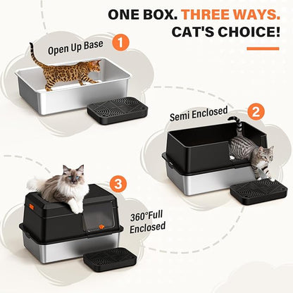 Removable Stainless Steel Cat Litter Box with lid, Side & Top Entry Kitty LitterBox，Cat Litter Box Enclosure, XL Extra Large High-Sided Metal Cat Box with Scoop, Footboard (Black)