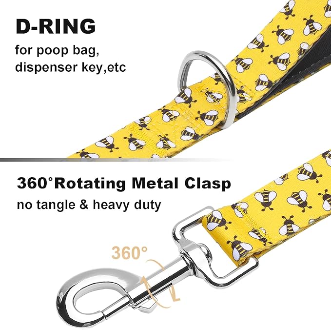 6ft Dog Leash with Two Padded Handles, Heavy Duty Strong Nylon Pet Leash with Soft Neoprene Handle for Small Medium Large Dogs, Yellow Bee