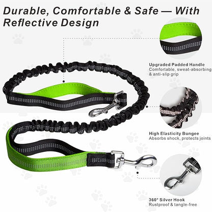 Hands-Free Dog Leash for Dogs up to 130 lbs – Heavy-Duty, Shock-Absorbing Bungee Leash with Zipper Pouch, Dual Padded Handles & Adjustable Waist Belt for Running & Walking – Neon Green
