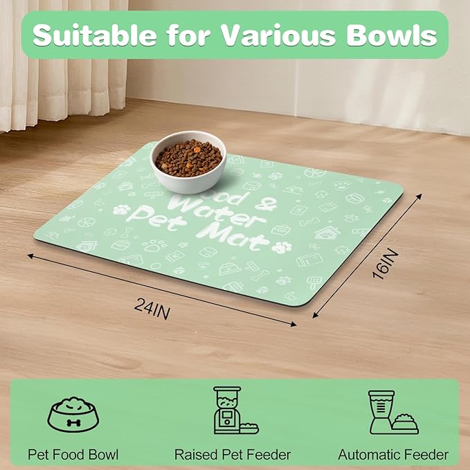 Pet Feeding Mat,Dog Cat Mat for Food and Water,Dog Bowl Waterproof Placemat with Rubber Backing,Absorbent Quick Dry Water Dispenser Mat for Pet（Green 16"×24"）