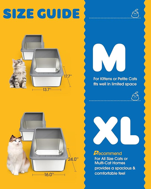 2-Pack Stainless Steel Cat Litter Box for Kitty with Scoops, Non-Stick & Easy-to-Clean Metal Cat Litter Box with Leakproof Enclosure, Grey