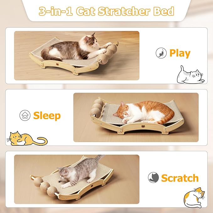 Extra-Larger Sisal Cat Scratcher Bed with Ball, 3-in-1 Cat Scratching Pad with Hammock, Natural Sisal with Solid Wood Frame Cat Scratch Post for Indoor Cats Lounger & Sleep & Scratch(Natural)