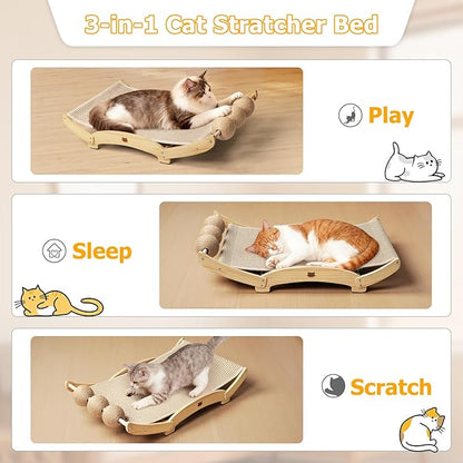 Extra-Larger Sisal Cat Scratcher Bed with Ball, 3-in-1 Cat Scratching Pad with Hammock, Natural Sisal with Solid Wood Frame Cat Scratch Post for Indoor Cats Lounger & Sleep & Scratch(Natural)