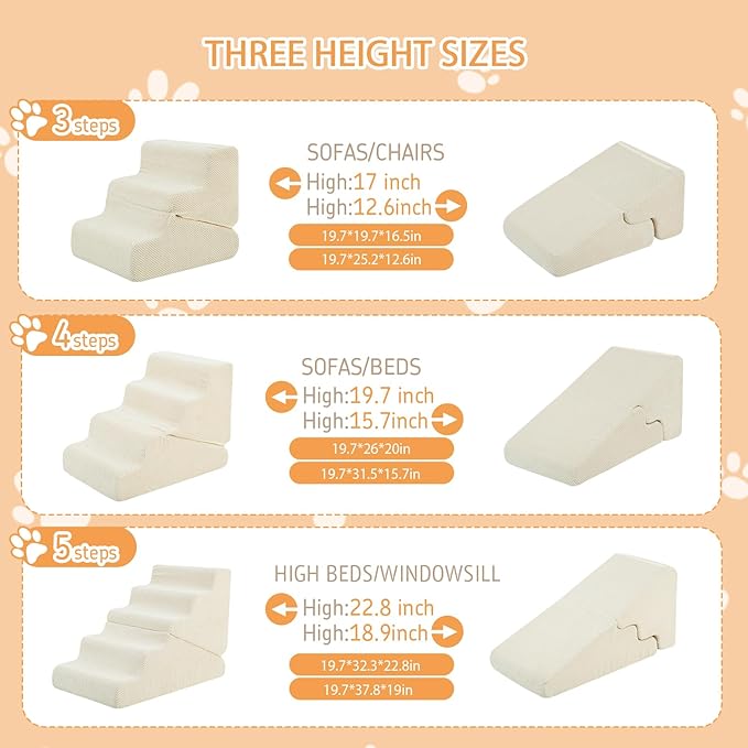 Dog Ramp for Bed, Extra Wide 20" Width Dog Stairs for High Bed, 2 in 1 Pet Steps for Small Dogs, 4-Step Foldable Transformable Large Cats Ramp to Get on Couch, Non-Slip Balanced, Beige