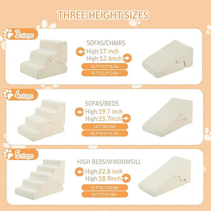 Dog Ramp for Bed, Extra Wide 20" Width Dog Stairs for High Bed, 2 in 1 Pet Steps for Small Dogs, 4-Step Foldable Transformable Large Cats Ramp to Get on Couch, Non-Slip Balanced, Beige