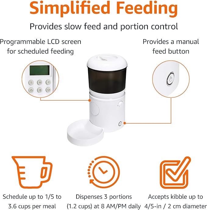 Amazon Basics Automatic Cat Feeder with Programmable Voice Recorder, Slow Feed, Portion Control, 4L Capacity, White