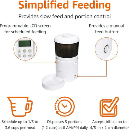 Amazon Basics Automatic Cat Feeder with Programmable Voice Recorder, Slow Feed, Portion Control, 4L Capacity, White