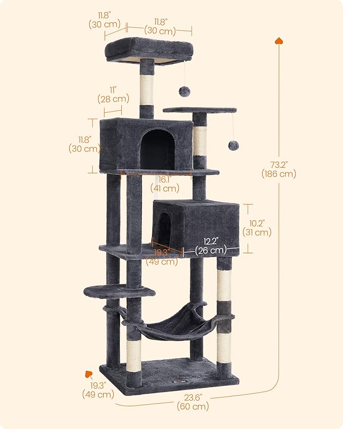 Feandrea Cat Tree, 73.2-Inch Tall Cat Tower, Plush Multi-Level Condo with 5 Scratching Posts, 2 Perches, 2 Caves, Hammock, 2 Pompoms, Smoky Gray UPCT191G01