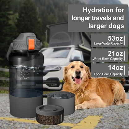 Cibaabo 53oz Large Dog Water Bottle with Water & Food Bowl, 3-in-1 Portable Pet Feeding & Hydration Dispenser for Large Dogs & Humans, Leak-Proof Tritan Bottle for Hiking, Camping, Walking, Car Trips