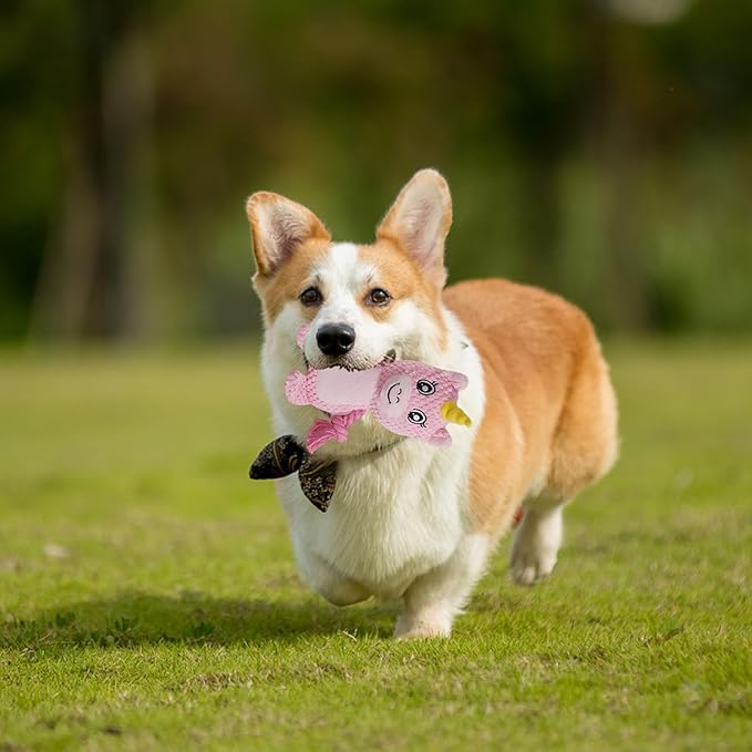 Cute Animals Interactive Squeaky Dog Toy with a Vocal Bladder, Crinkle Paper Stuffed Soft Cotton Chew Toy, Teething Rope Tug of War Pull Toy to Keep Them Busy for Puppy, Small Dogs - Pink Horse