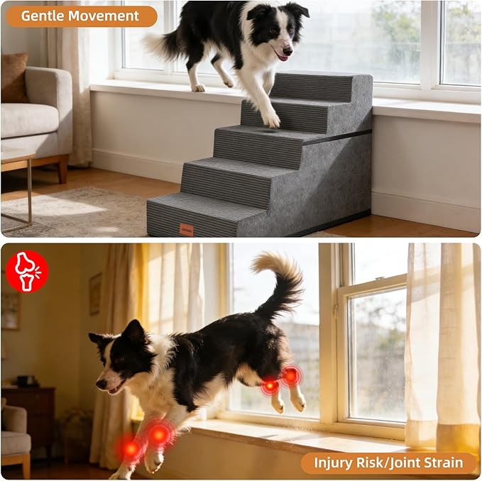 Dog Stairs for Small Dogs, 22.5" H, 5-Step Pet Steps for High Bed, Non-Slip Balanced Pet Ramp for Medium Cats,Indoor Dog Ladder, Grey