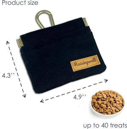 Raisingwell Dog Treat Pouch, Black Pocket Sized Pet Training Pouch, Cotton Fabric, Hand Free Dog Walking Bag with Carabiner, Self-Closing Pet Feed Snack Reward, for Pet Puppy Travel or Outdoor Use
