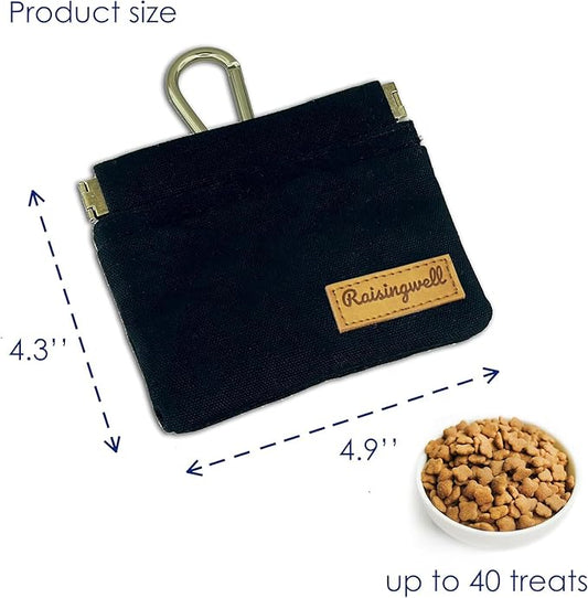 Raisingwell Dog Treat Pouch, Black Pocket Sized Pet Training Pouch, Cotton Fabric, Hand Free Dog Walking Bag with Carabiner, Self-Closing Pet Feed Snack Reward, for Pet Puppy Travel or Outdoor Use
