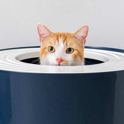 IRIS USA Large Top Entry Cat Litter Box Made in USA, Covered Enclosed Design with Lid, Litter Catching Grooved Top, Scatter Shield, Dog Proof, Scoop Included, Odor Control, Navy/White
