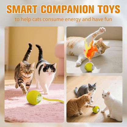 Interactive Cat Toys for Indoor,Automatic Moving Electric Rolling Pet Ball,Smart Teasing Toy for Kitty,3 Modes and USB Rechargeable,Tail 2.0 Cat Feather Toy Yellow