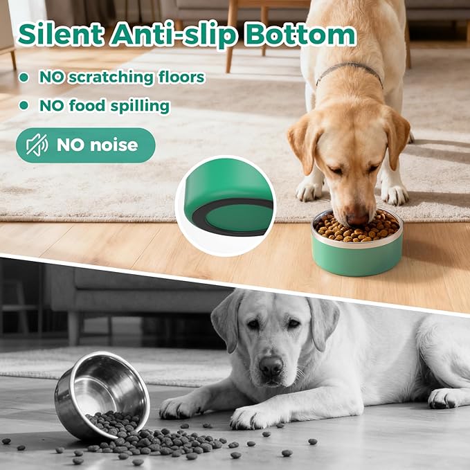 LIHONG Stainless Steel Dog Bowls for Large Dogs,Dog Food Water Bowls with Non Slip Rubber Bottom,Pet Feeding Bowl,Double Wall Insulated,Rustproof(64oz,Deep Green)