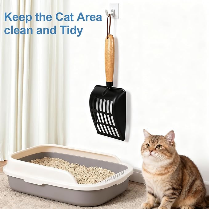 Cat Litter Scoop, Metal Litter Scoop, Heavy Duty Metal Cat Scooper for Litter Box, Black Sifter Scoop for Pellets, Wooden Handle Scoop with Hole, Kitty Necessity (Short)