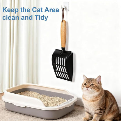 Cat Litter Scoop, Metal Litter Scoop, Heavy Duty Metal Cat Scooper for Litter Box, Black Sifter Scoop for Pellets, Wooden Handle Scoop with Hole, Kitty Necessity (Short)