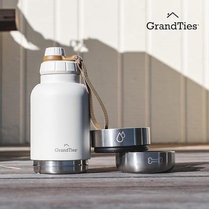 GrandTies Insulated Portable Dog Water Bottle with 2 Detachable Water Bowl Dispenser | Leak-Proof Dog Food Travel Container | Accessories for Dogs Walking, Hiking, Camping (32oz, Ivory White)