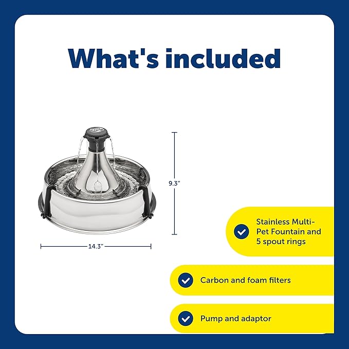 PetSafe Drinkwell Stainless Steel 360 Multiple Pet Fountain - Scratch and Rust Resistant Automatic Water Dispenser for Cats or Dogs - Adjustable Flow Control - 128 Ounce (3.8 Liter) - Filters Included
