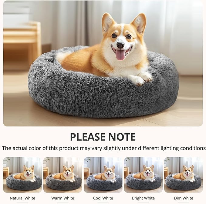 JOLLYVOGUE Calming Dog Bed Medium Size Dog, 31in Donut Washable Medium Pet Bed, Anti-Slip & Anti-Anxiety Fluffy Faux Fur Round Dogs Bed, Fits up to 45 lbs Pets (Smoke Black)