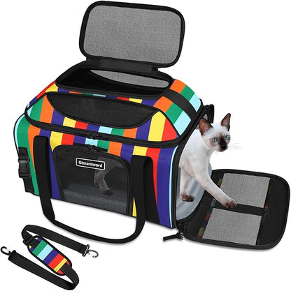 17x11x9.5 Inches Top-Expandable Pet Carrier Alaska Airline Approved, Soft Sided Carrier for Small Dog, Cat with 5-Sides Mesh Windows and Locking Safety Zippers(Rainbow)