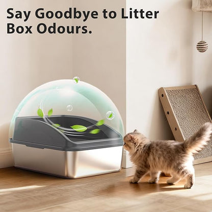 Stainless Steel Litter Box | Metal Kitty Litter Box with Lid High Sided for Small Cats or Injured Cats, Bunny Litter Boxes, Low Entry, Odor-Free, Non-Stick,Includes Scoop (Dark Gray, Small)