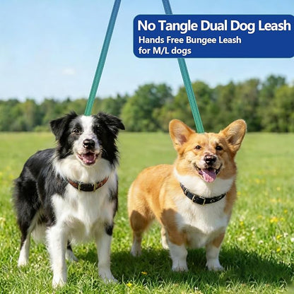 Roses&Poetry Hands Free Double Dog Leash for Two Dogs, 9-11ft Adjustable Bungee Walking Waist Lead, Dual Dog Leash with Tangle-Free Swivel for Medium Large Dogs Heavy Duty Running(Bluegreen)