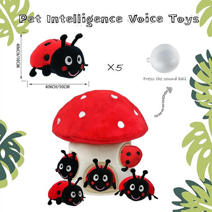 Hide and Seek Dog Toys, Interactive Squeaky Plush Puzzle Puppy Chew Toy to Keep Them Busy for Small Medium Large Dogs(Mushroom Hideaway with 5 Pack Ladybirds)