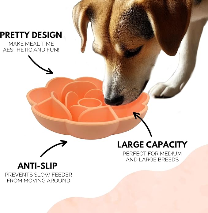Rose Slow Feeder Dog Bowl for Medium & Large Dogs, Silicone Anti-Gulping Dog Feeder with Suction Base, Non-Slip Slow Eating Design (Orange)