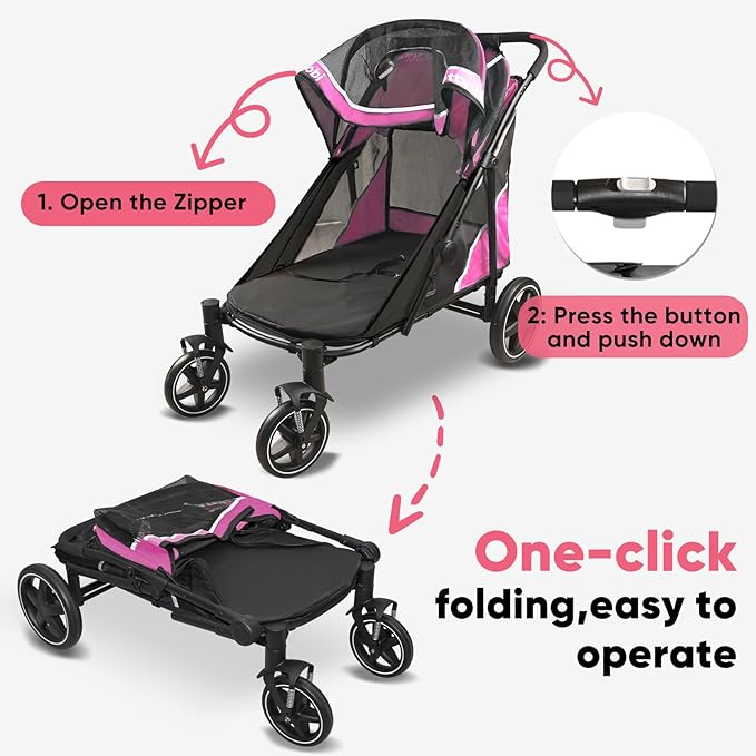 Petbobi Dog Stroller for Large & Medium Dogs - Easy Fold Dual Entry Pet Stroller with One-Foot Brake, All Terrain Wagon Cart with Air Mesh, Ideal for Large Senior Pets up to 80 lbs, Pink