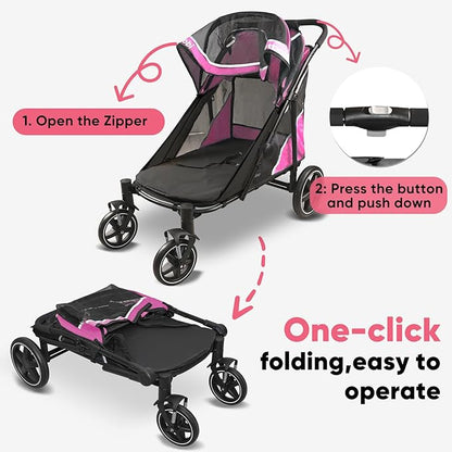 Petbobi Dog Stroller for Large & Medium Dogs - Easy Fold Dual Entry Pet Stroller with One-Foot Brake, All Terrain Wagon Cart with Air Mesh, Ideal for Large Senior Pets up to 80 lbs, Pink