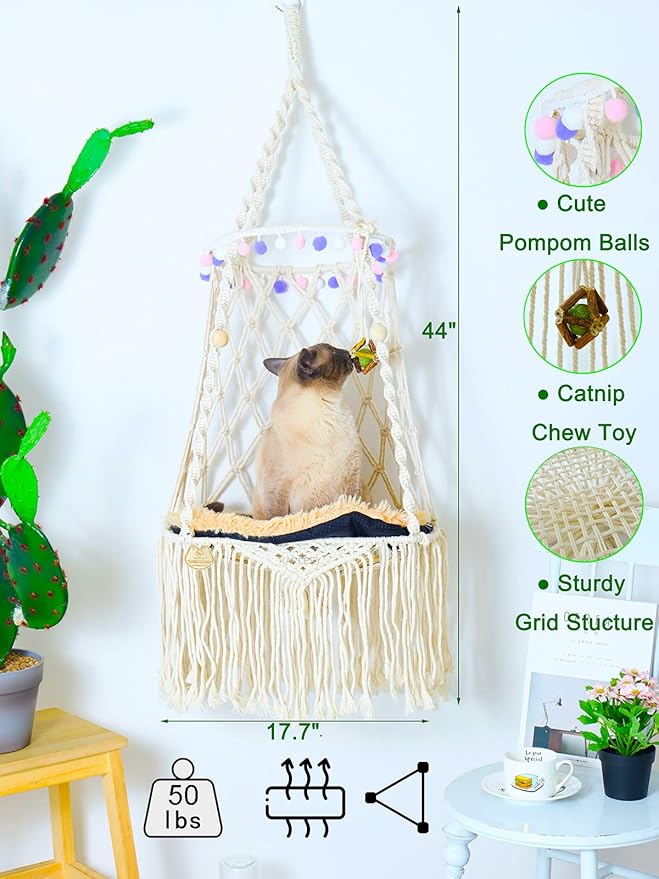 KARCEEY Cat Hammock Macrame Hanging Bed for Large Cats - 50lbs Heavy Duty Cat Swing Wall Mounted Boho Window Perch - Hardware Kit Included
