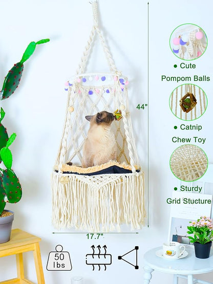 KARCEEY Cat Hammock Macrame Hanging Bed for Large Cats - 50lbs Heavy Duty Cat Swing Wall Mounted Boho Window Perch - Hardware Kit Included