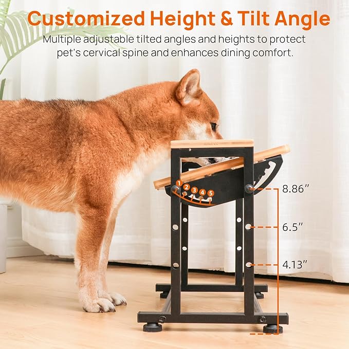 Adjustable Height Pet Feeder Stand with 2 Dishwasher-Safe Stainless Steel Bowls – Natural Wood Top & Black Metal Frame Elevated Food/Water Station for Dogs/Cats Under 66LBS