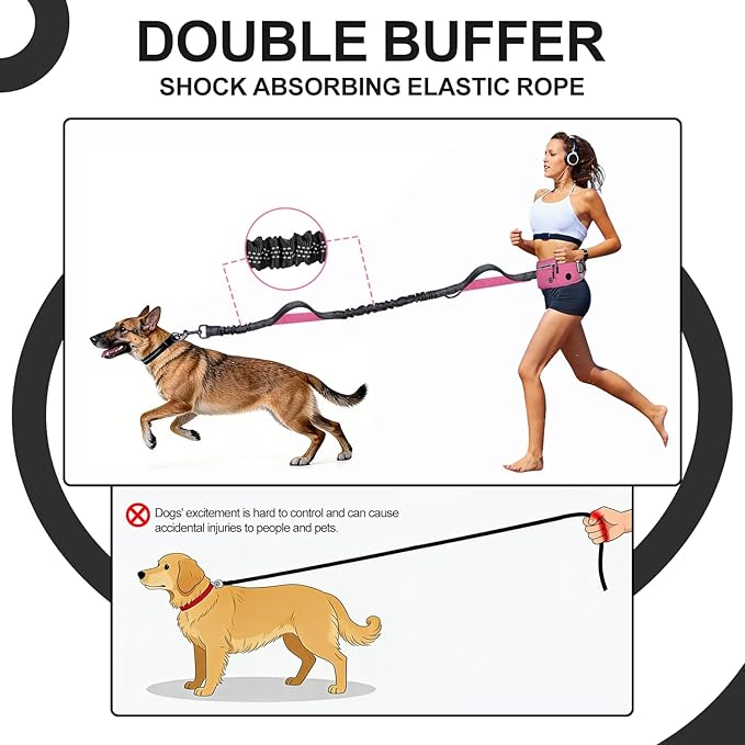 Hands Free Dog Leash with Zipper Pouch, Waist Leash for Dog Walking and Running, Dual Padded Handles, Shock-Absorbing Bungee for Medium to Large Dogs (Pink)