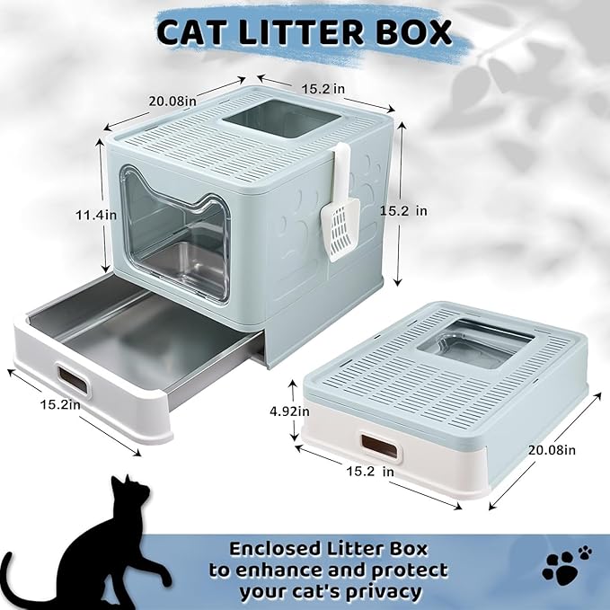 Enclosed Cat Litter Box with Lid Top Exit Covered Metal Stainless Steel Litter Box Leak Proof & Odorless Easy to Clean Including Cat Litter Scoop and Litter Mat