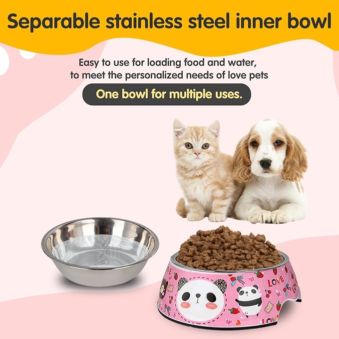 Pet Cats Dogs 2 in 1 Food Water Bowls - Non Slip Skid Proof Heavy Duty Pet Cats Dog Food Water Bowls for Feeding Drinking Small Medium Large Dogs Cats Puppies- Pink Panda-L
