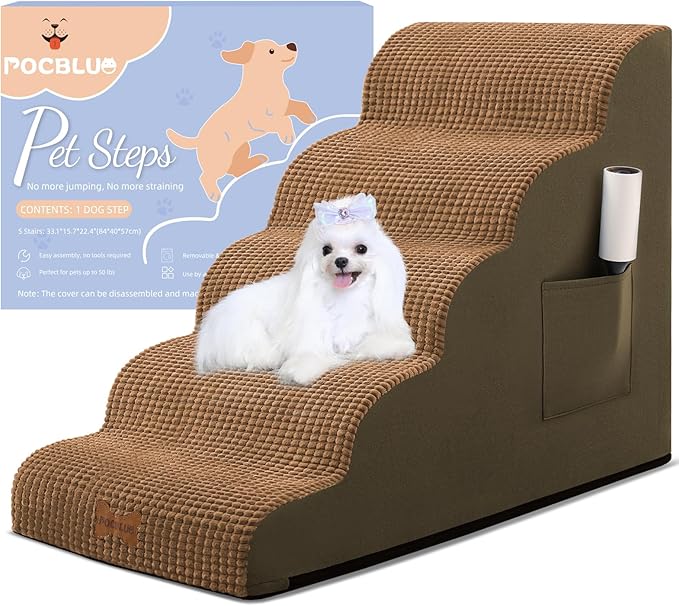 Dog Stairs for Small Dogs, Wide Pet Step with Removable Cover, No Assembly High Density Foam Cat Ramp for Bed or Sofa, 5-Step, Light Brown